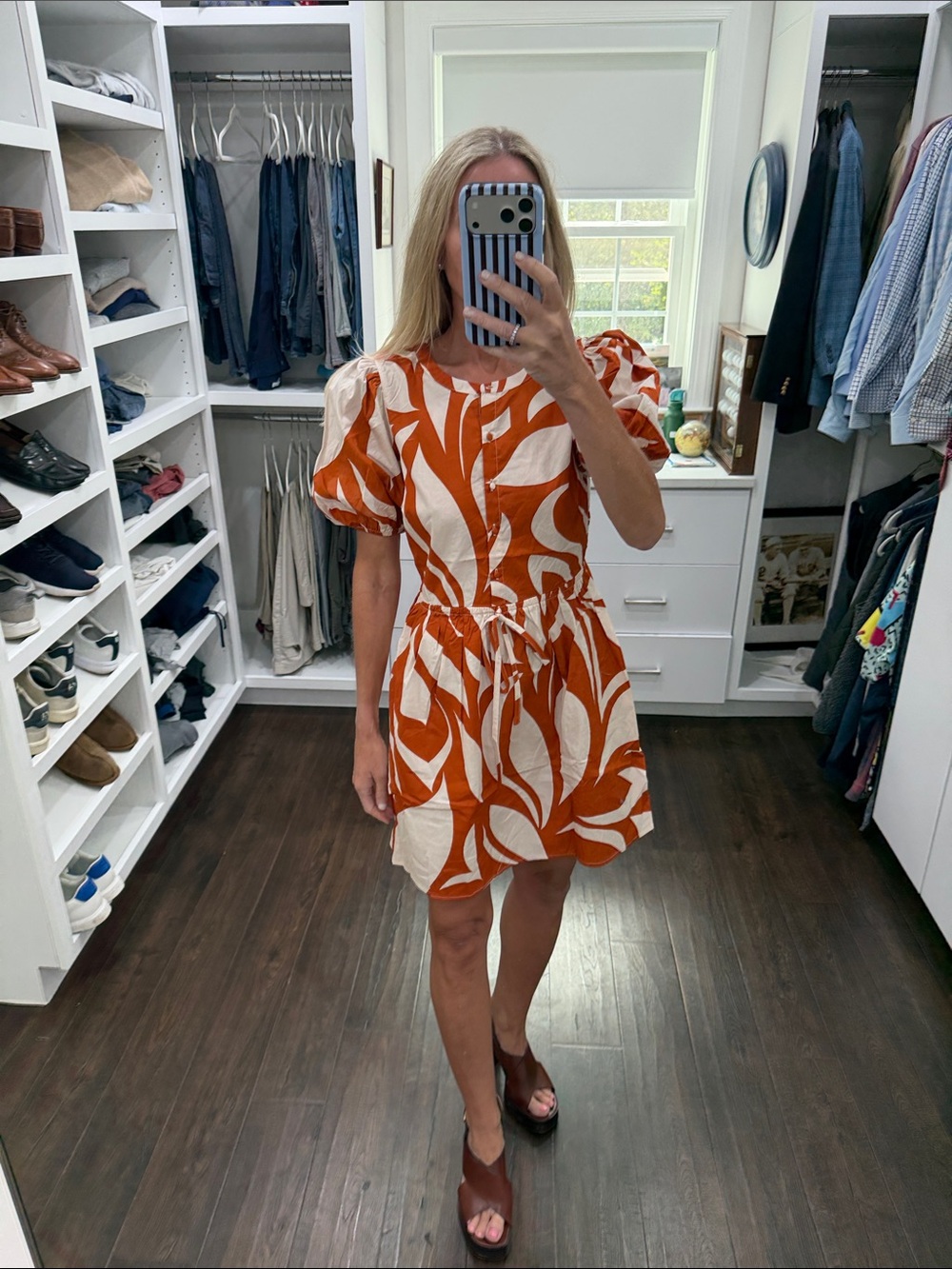 Avara Women's Burnt Orange & Cream Printed Puff-Sleeve Drawstring Dress XS NWT